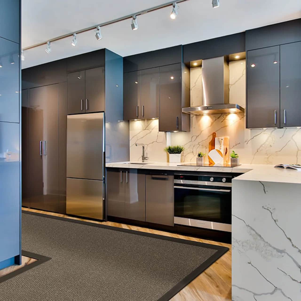 high end customization: langley as a stunning L-shaped kitchen runner (shown in color smoke with khaki polyester binding)