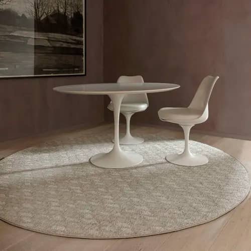 enduring design: bahia as a circular dining area rug in color turtledove